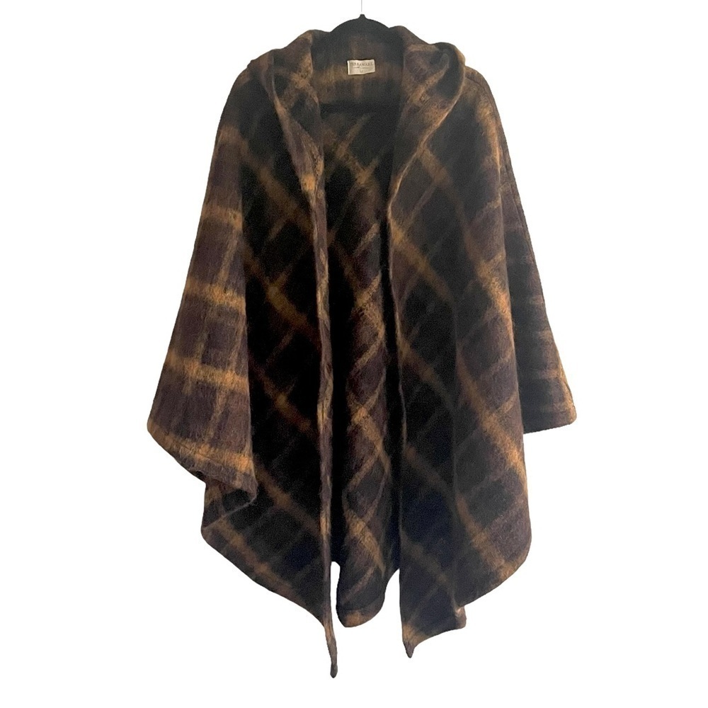 TERRAWARE Earth Aware Plaid Wool Cashmere Hooded Poncho Wrap Jacket Coat Brown M
